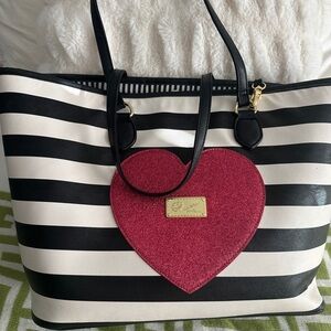 Betsey Johnson Black and White Striped Tote with Red Heart